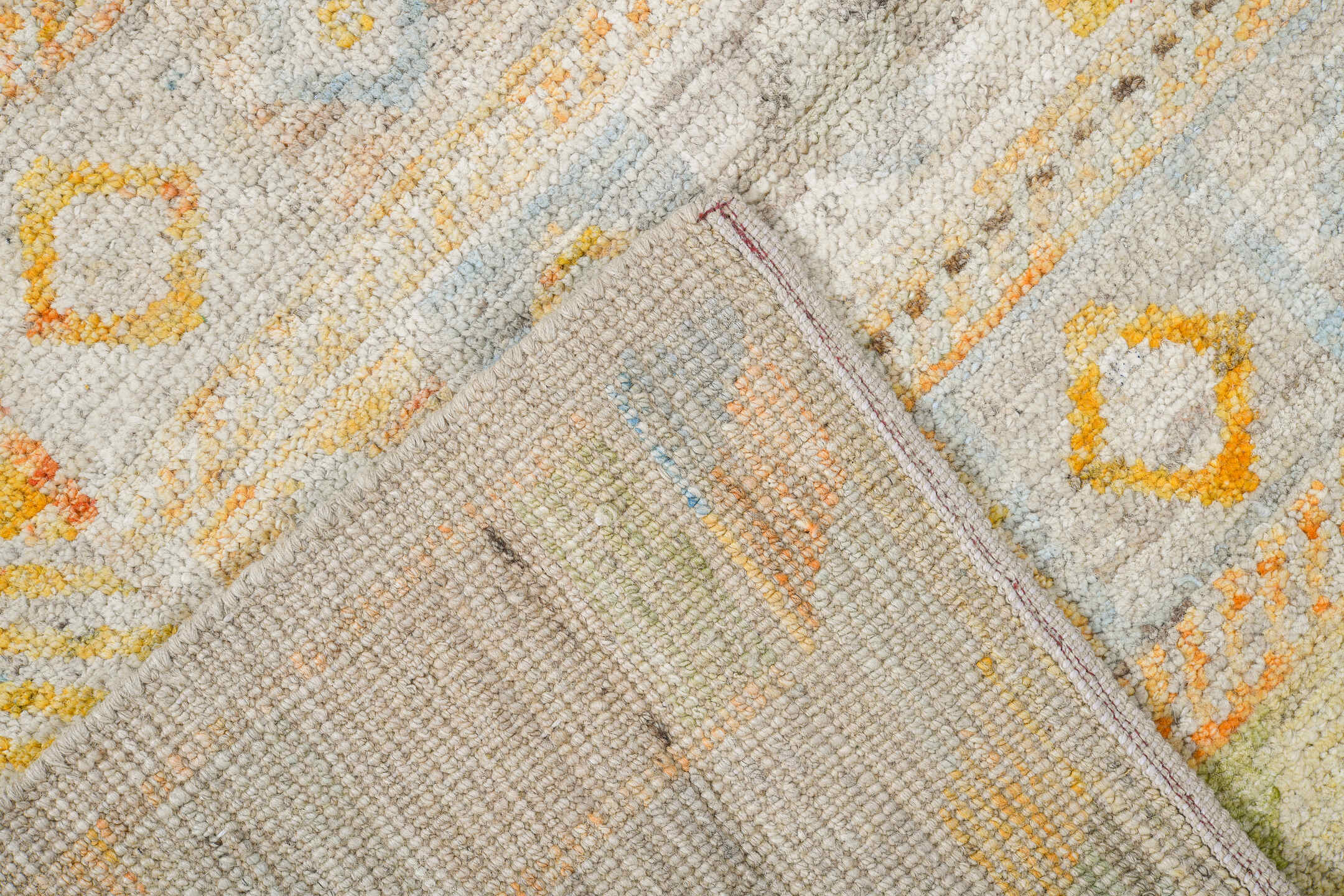 6' x 9' one-of-a-kind handmade vintage Tulu medium size rug. Color palette: ivory, pale blue, peach, sand, sage, cream