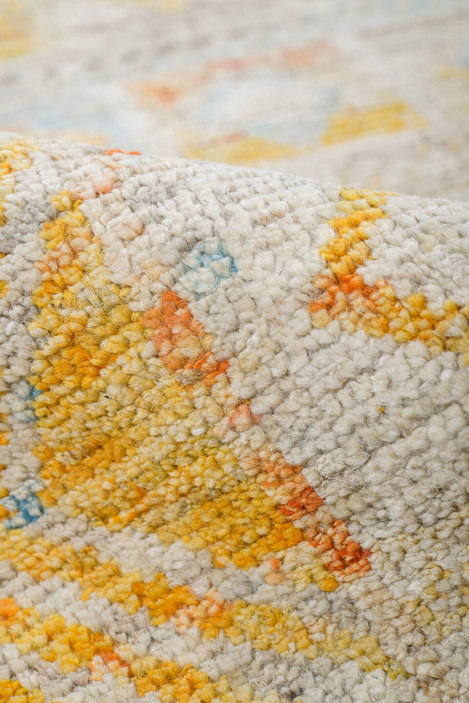 6' x 9' one-of-a-kind handmade vintage Tulu medium size rug. Color palette: ivory, pale blue, peach, sand, sage, cream