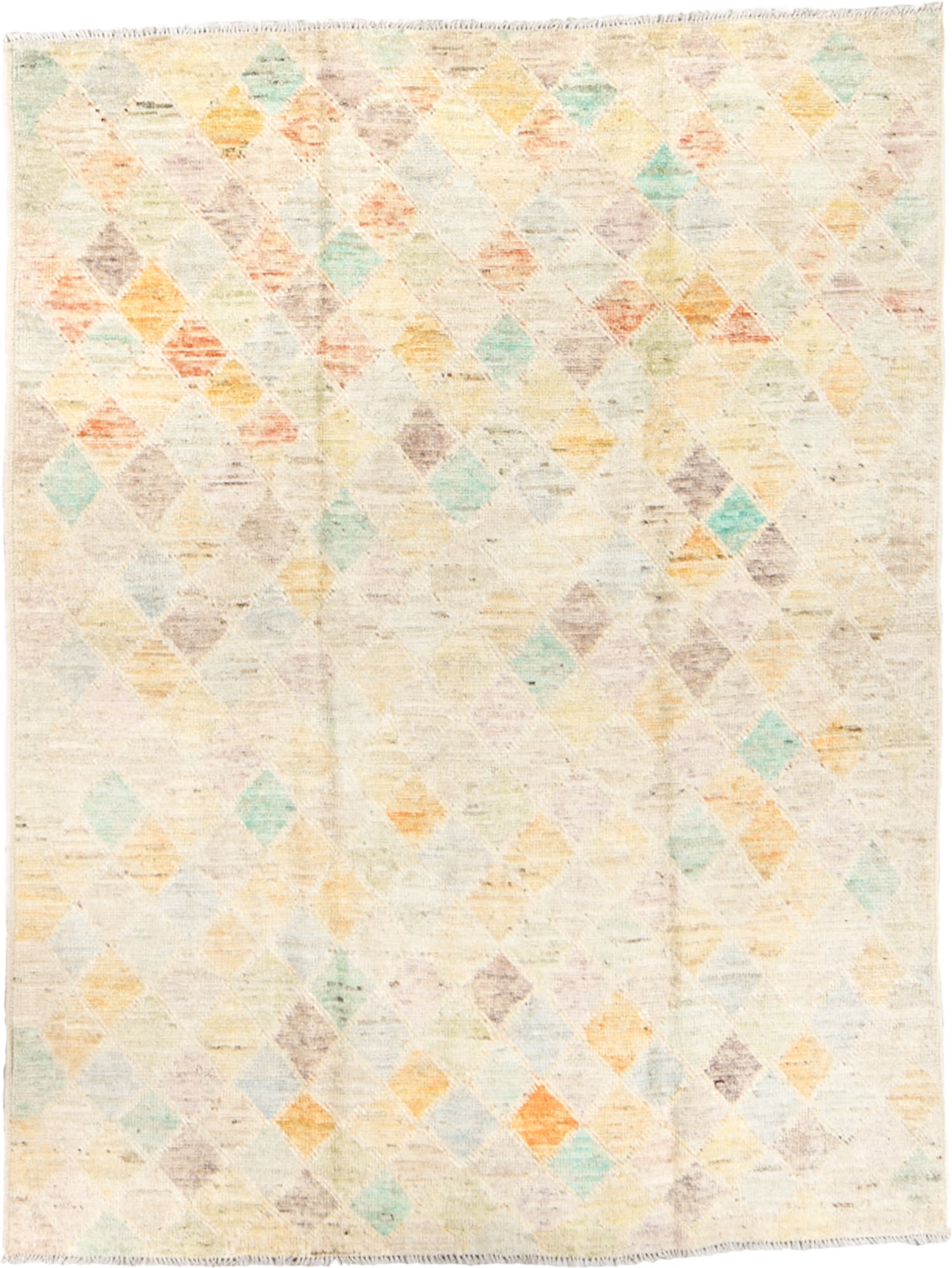 5' x 6' one-of-a-kind handmade vintage Tulu rug. Color palette: ivory, cream, aqua, saffron, apricot, taupe, pale gray, teal