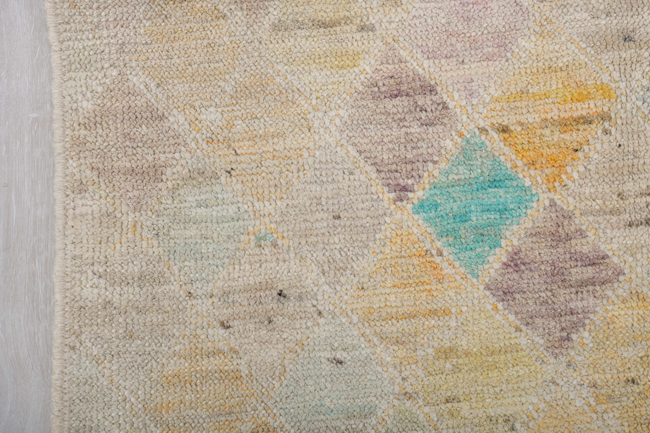 5' x 6' one-of-a-kind handmade vintage Tulu rug. Color palette: ivory, cream, aqua, saffron, apricot, taupe, pale gray, teal