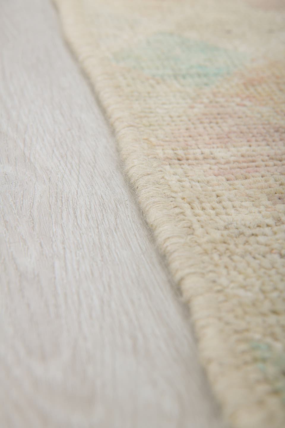 5' x 6' one-of-a-kind handmade vintage Tulu rug. Color palette: ivory, cream, aqua, saffron, apricot, taupe, pale gray, teal