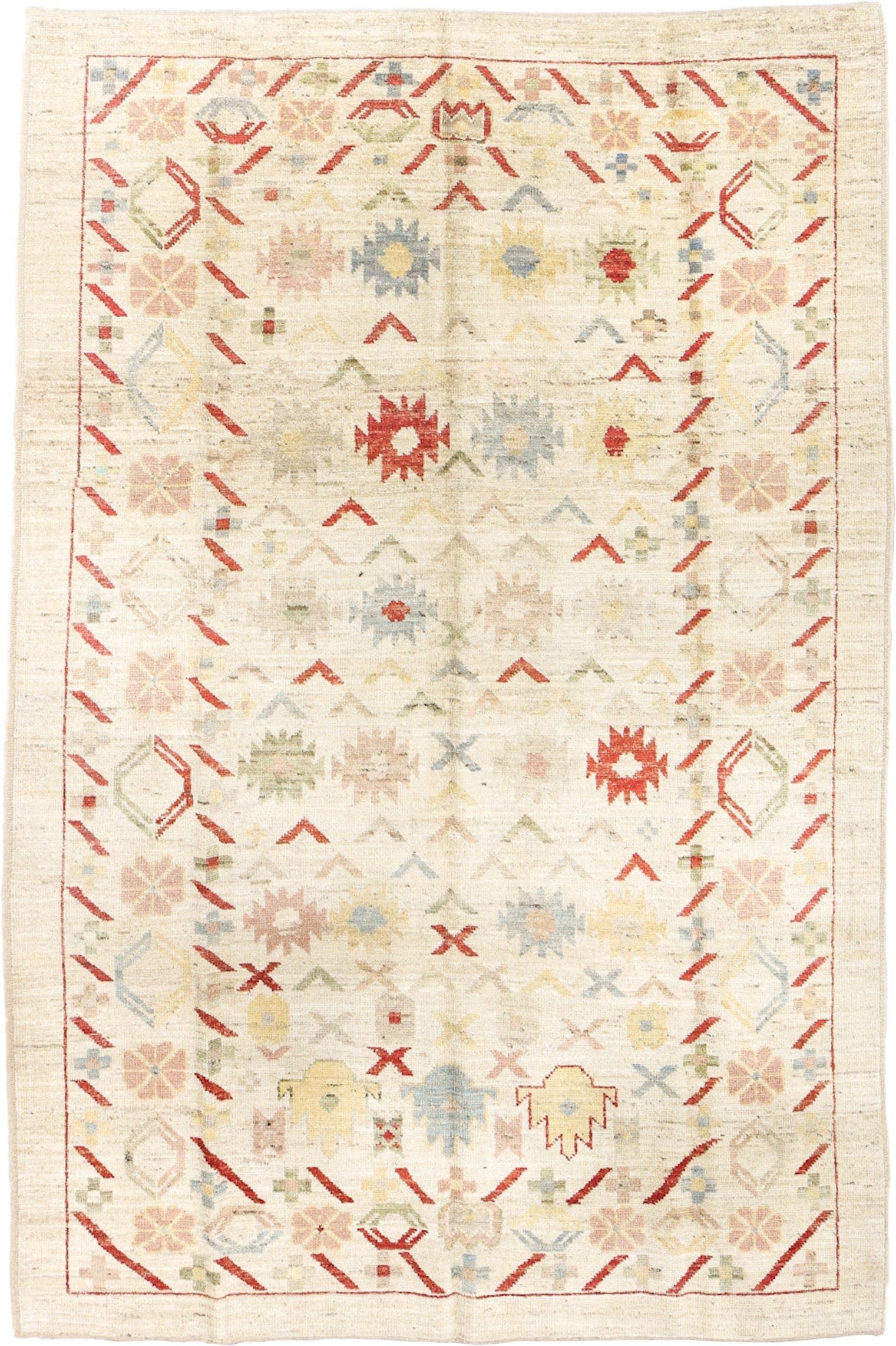 6' x 9' one-of-a-kind handmade vintage Tulu medium size rug. Color palette: ivory, rust, pale blue, blush, soft yellow, sage