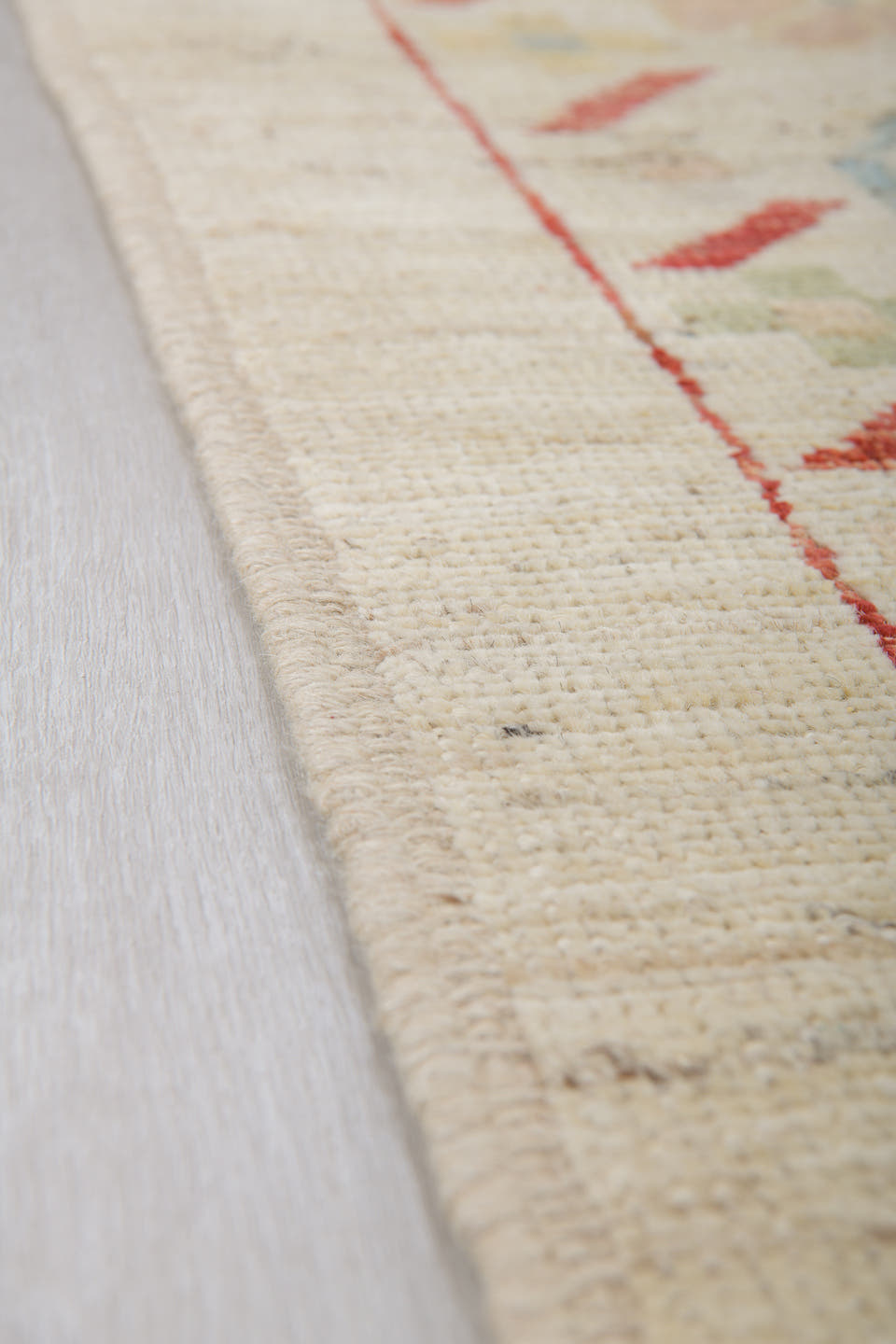 6' x 9' one-of-a-kind handmade vintage Tulu medium size rug. Color palette: ivory, rust, pale blue, blush, soft yellow, sage