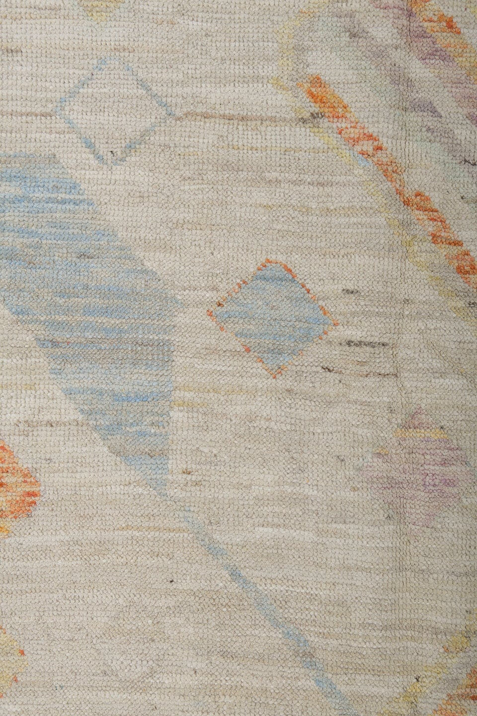 5' x 6' one-of-a-kind handmade vintage Tulu rug. Color palette: ivory, sage, apricot, pale blue, butter, taupe, green