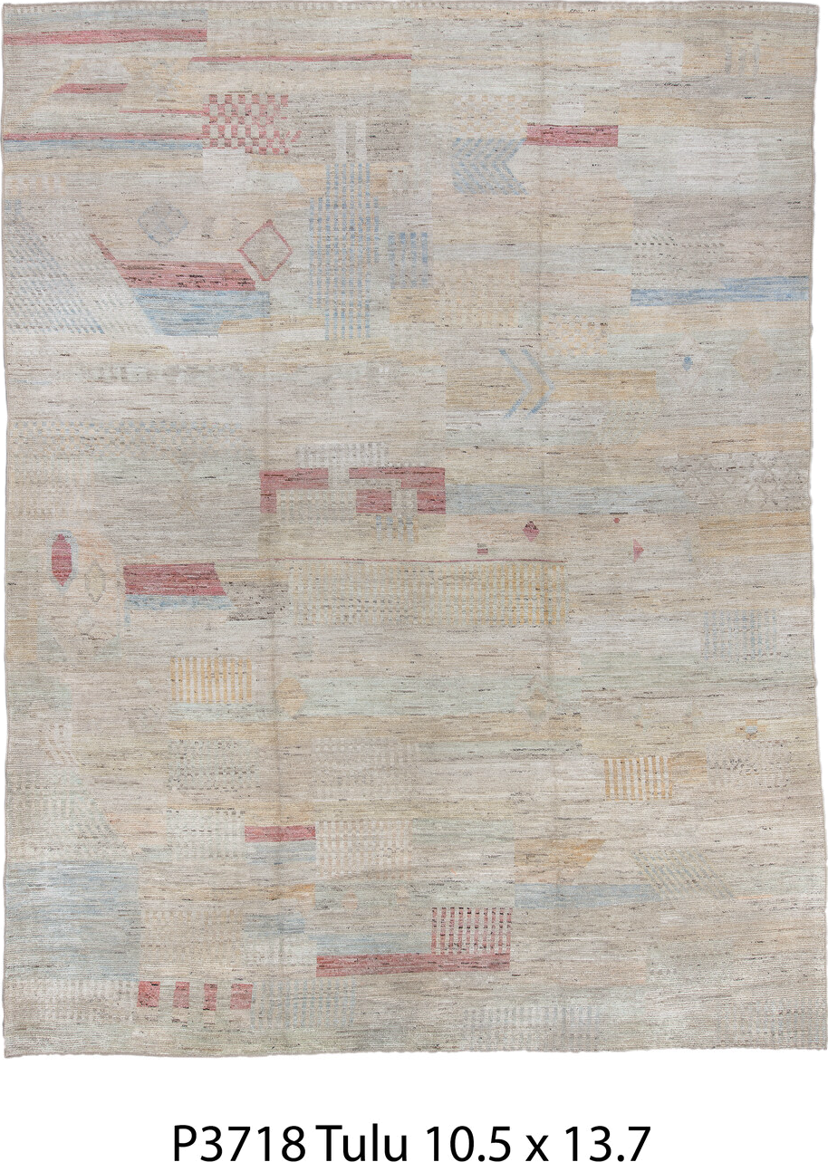 10' x 13' one-of-a-kind handmade vintage Tulu large size rug. Color palette: ivory, beige, blush, pale blue, cream
