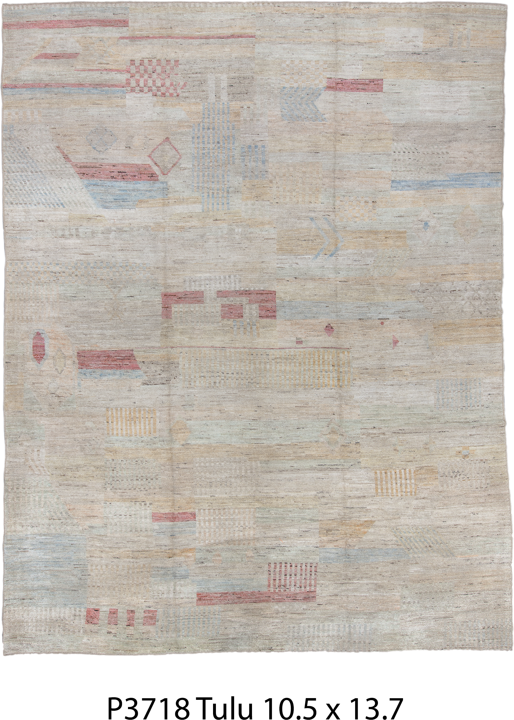 10' x 13' one-of-a-kind handmade vintage Tulu large size rug. Color palette: ivory, beige, blush, pale blue, cream