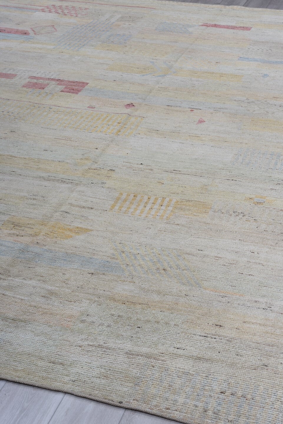 10' x 13' one-of-a-kind handmade vintage Tulu large size rug. Color palette: ivory, beige, blush, pale blue, cream