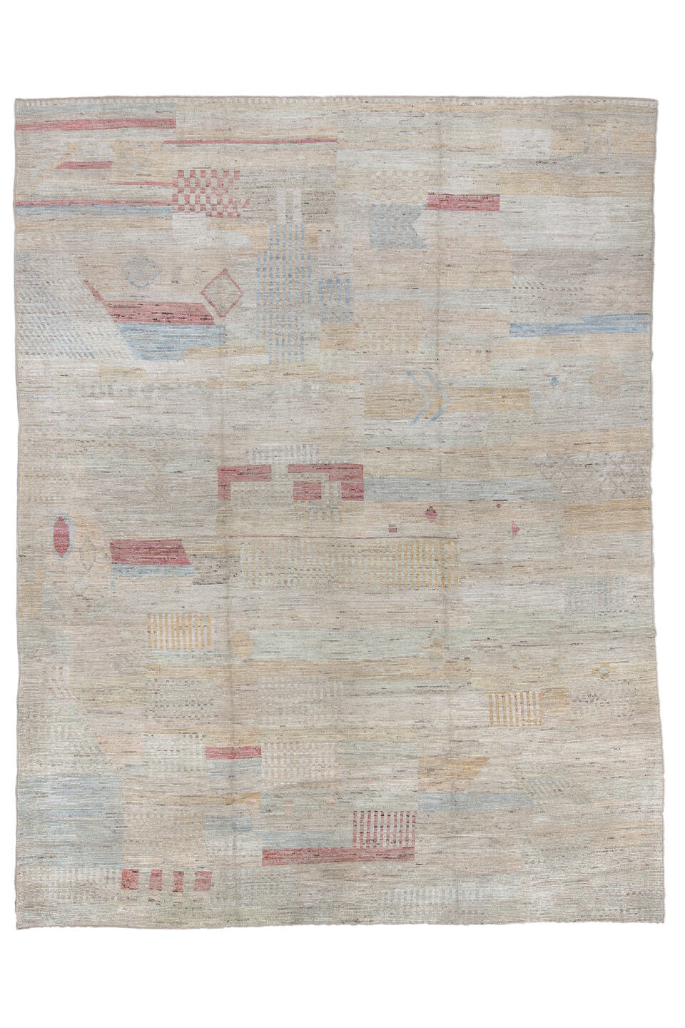 10' x 13' one-of-a-kind handmade vintage Tulu large size rug. Color palette: ivory, beige, blush, pale blue, cream