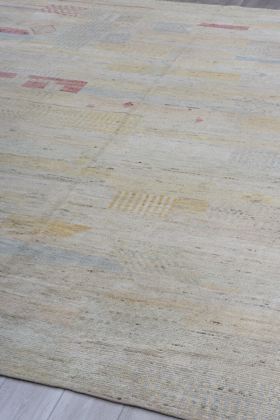 10' x 13' one-of-a-kind handmade vintage Tulu large size rug. Color palette: ivory, beige, blush, pale blue, cream