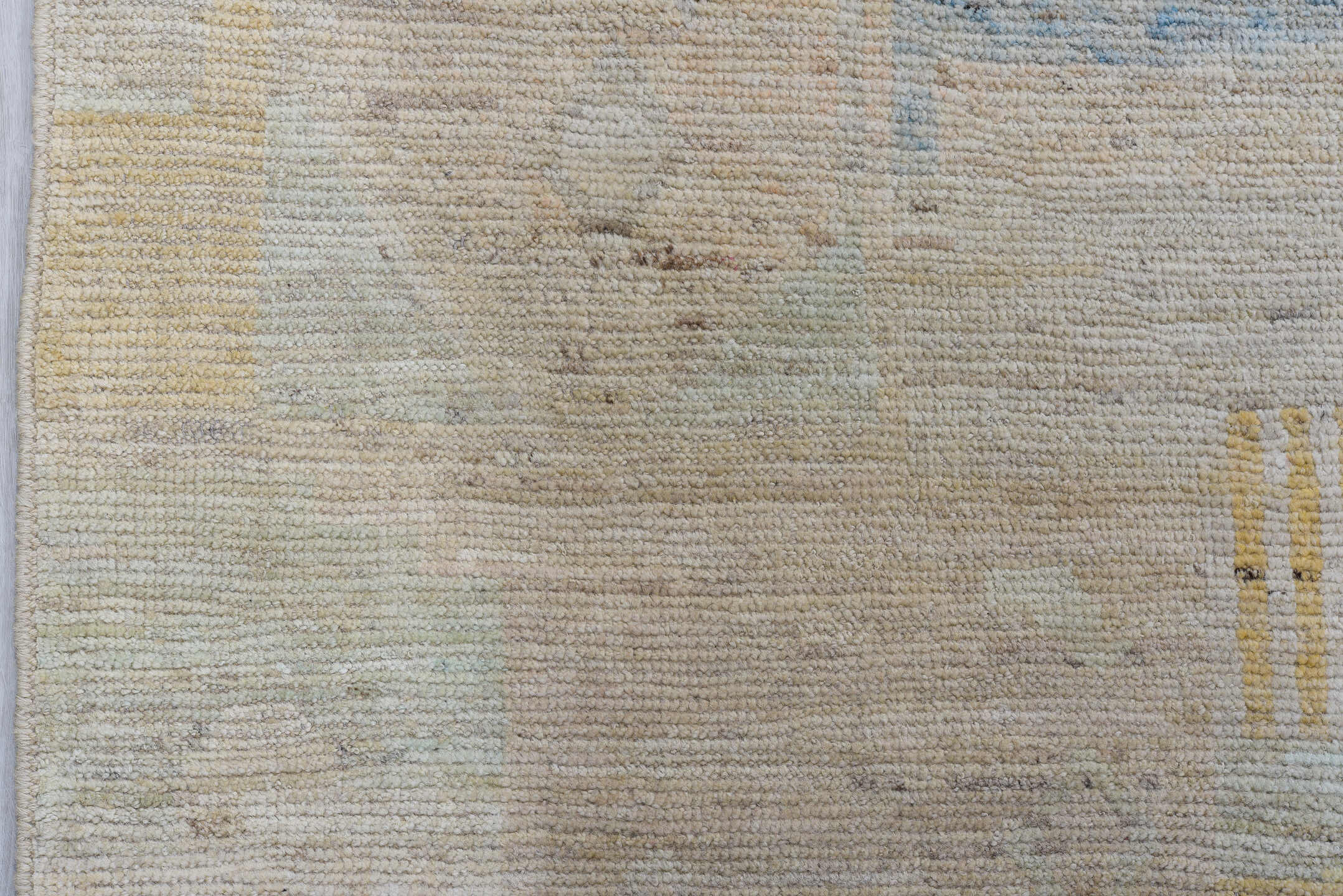 10' x 13' one-of-a-kind handmade vintage Tulu large size rug. Color palette: ivory, beige, blush, pale blue, cream