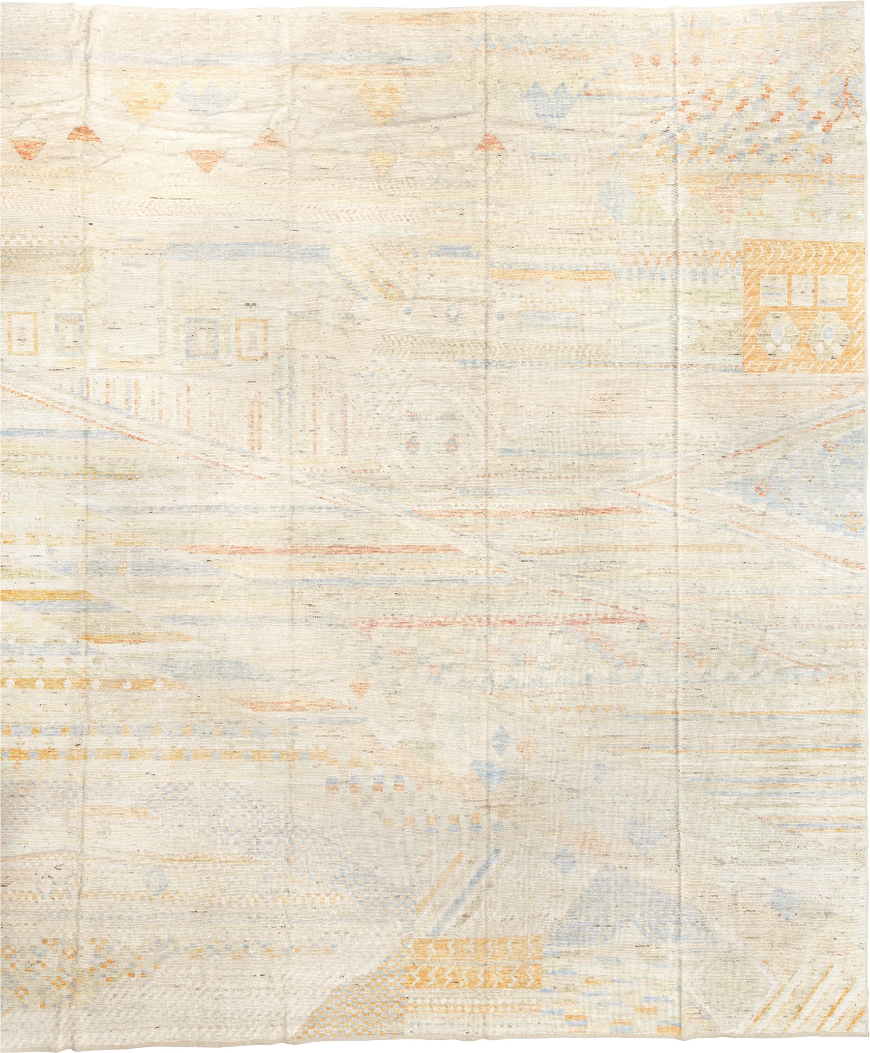13' x 16' one-of-a-kind handmade vintage Tulu oversize rug. Color palette: ivory, pale blue, cream, saffron, soft coral