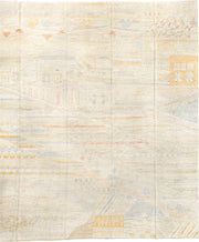 13' x 16' one-of-a-kind handmade vintage Tulu oversize rug. Color palette: ivory, pale blue, cream, saffron, soft coral