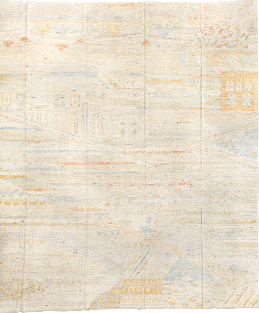 13' x 16' one-of-a-kind handmade vintage Tulu oversize rug. Color palette: light gray, gray, off-white, brown, orange