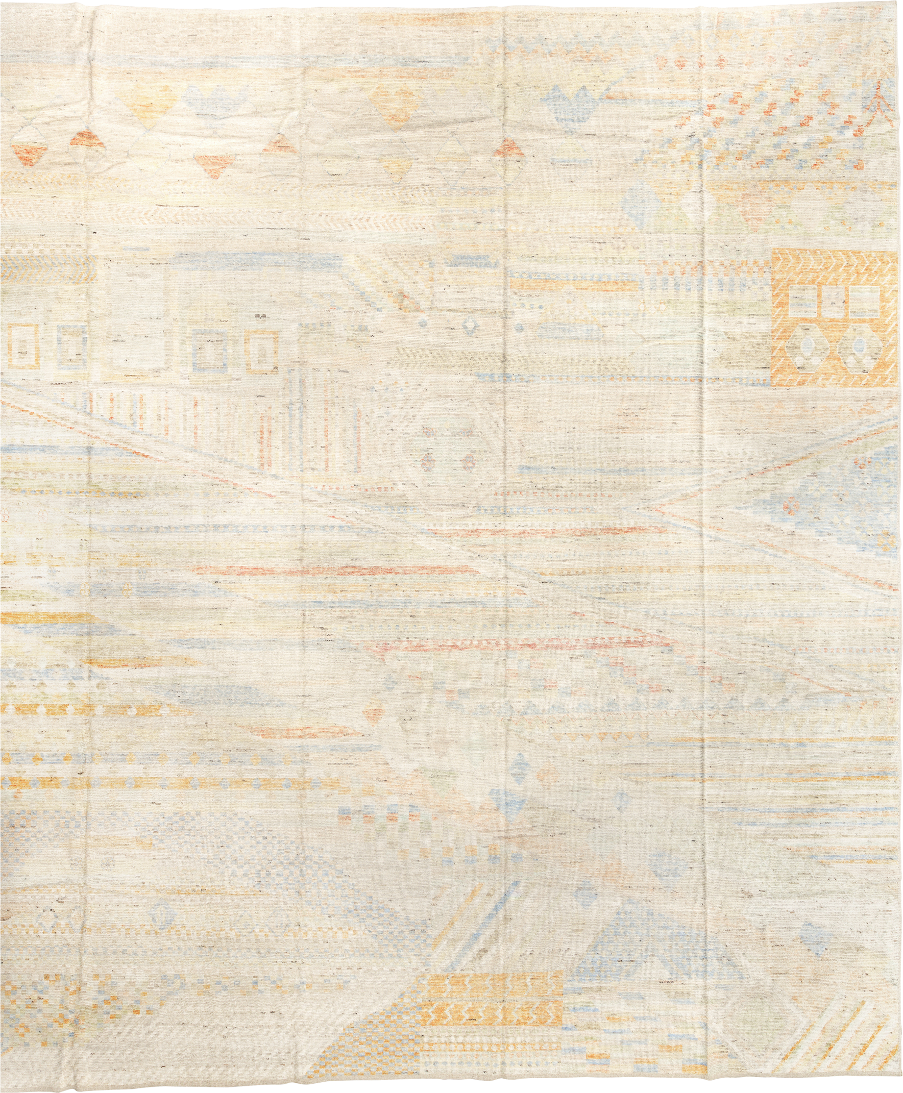 13' x 16' one-of-a-kind handmade vintage Tulu oversize rug. Color palette: ivory, pale blue, cream, saffron, soft coral