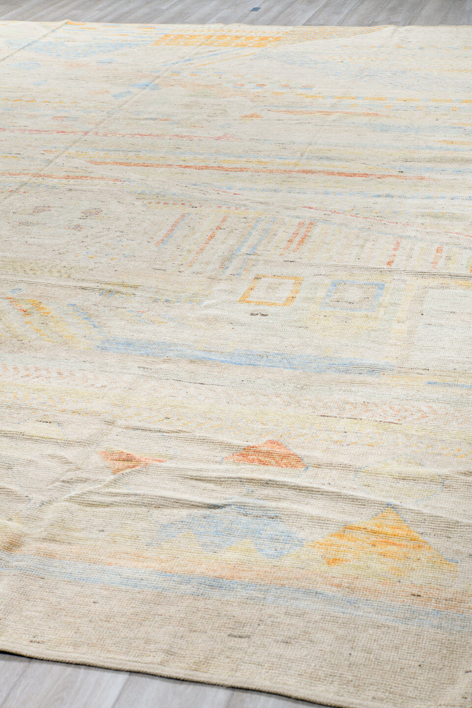 13' x 16' one-of-a-kind handmade vintage Tulu oversize rug. Color palette: ivory, pale blue, cream, saffron, soft coral
