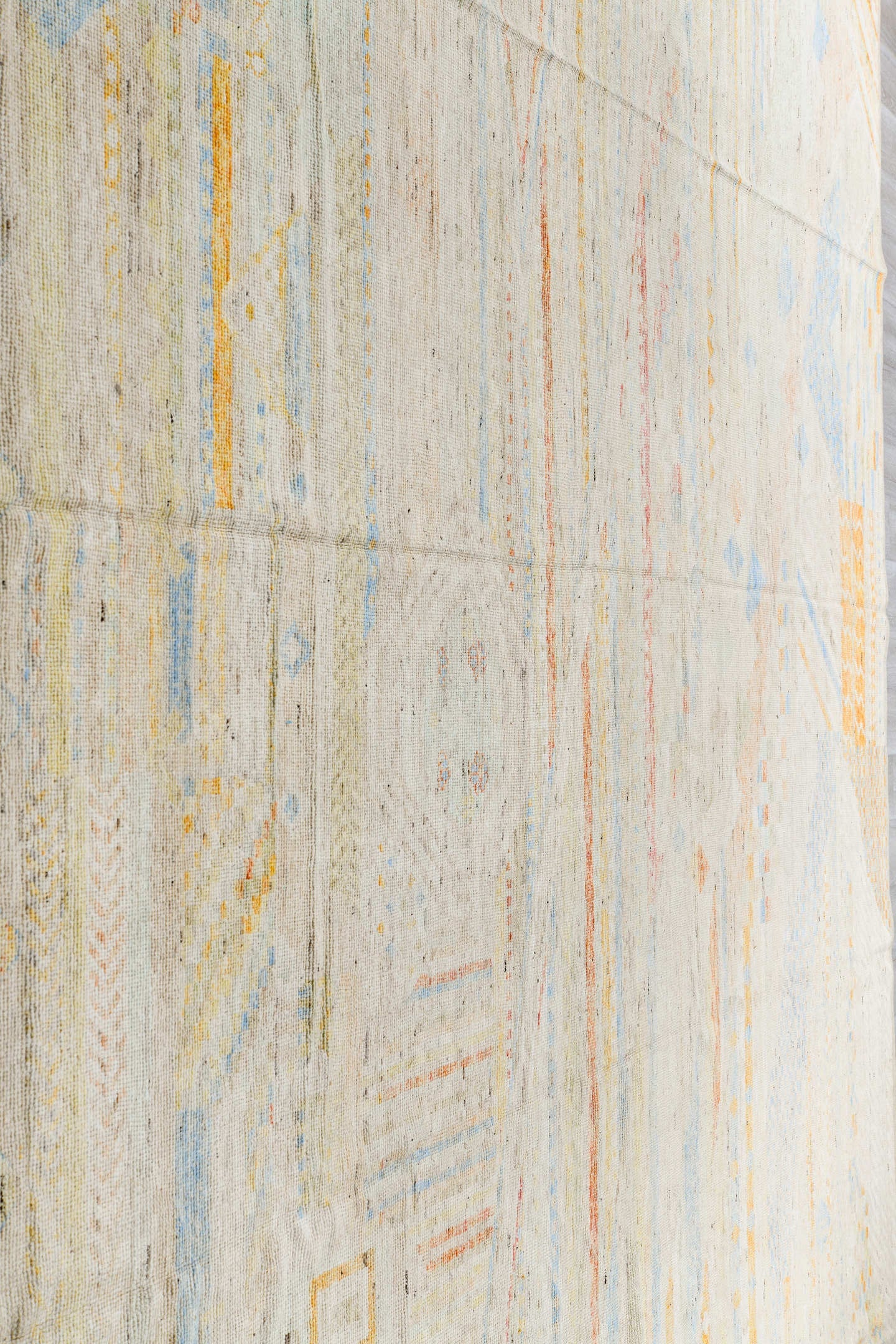 13' x 16' one-of-a-kind handmade vintage Tulu oversize rug. Color palette: ivory, pale blue, cream, saffron, soft coral