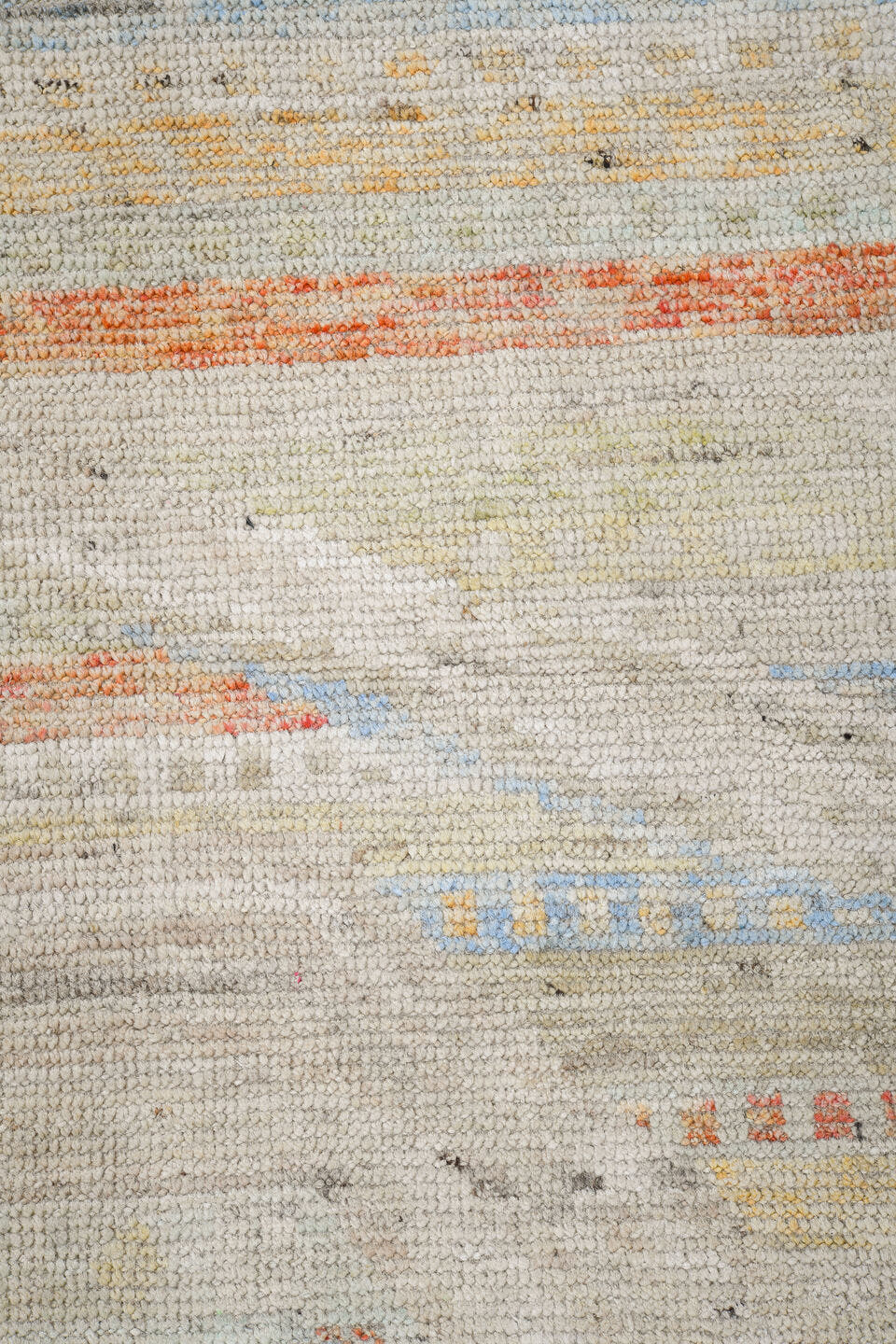 13' x 16' one-of-a-kind handmade vintage Tulu oversize rug. Color palette: ivory, pale blue, cream, saffron, soft coral