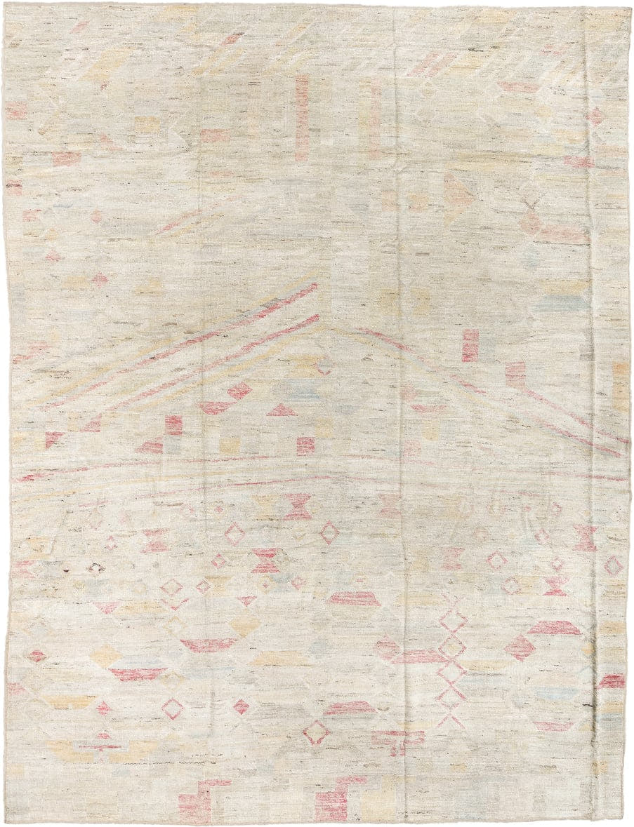 10' x 14' one-of-a-kind handmade vintage Tulu large size rug. Color palette: ivory, blush, pale gold, light blue, beige