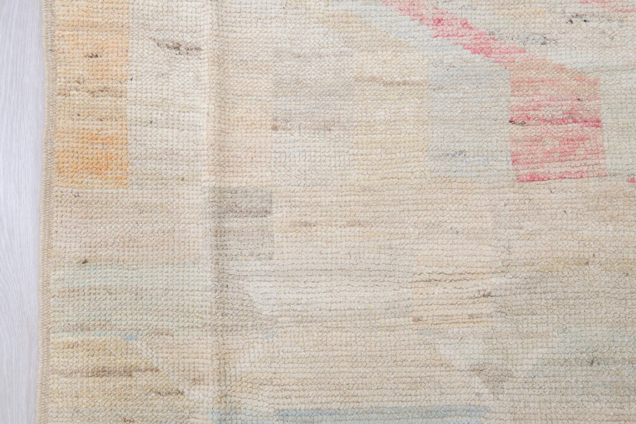 10' x 14' one-of-a-kind handmade vintage Tulu large size rug. Color palette: ivory, blush, pale gold, light blue, beige