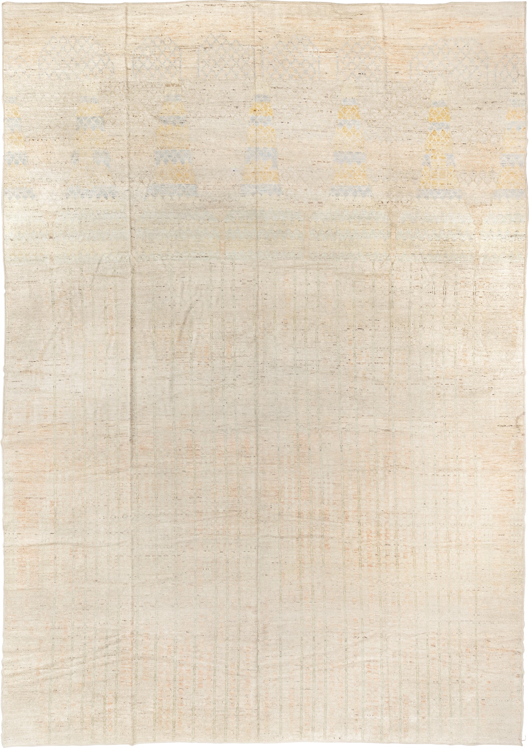 13' x 19' one-of-a-kind handmade vintage Tulu oversize rug. Color palette: ivory, cream, pale gold, pale blue, blush, beige