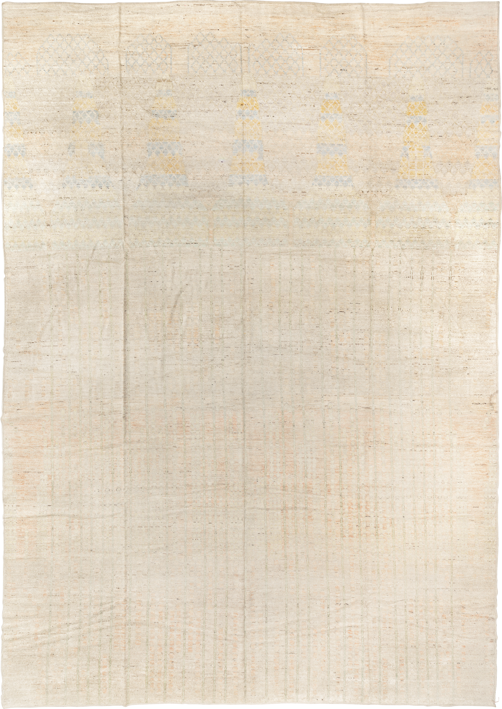 13' x 19' one-of-a-kind handmade vintage Tulu oversize rug. Color palette: ivory, cream, pale gold, pale blue, blush, beige