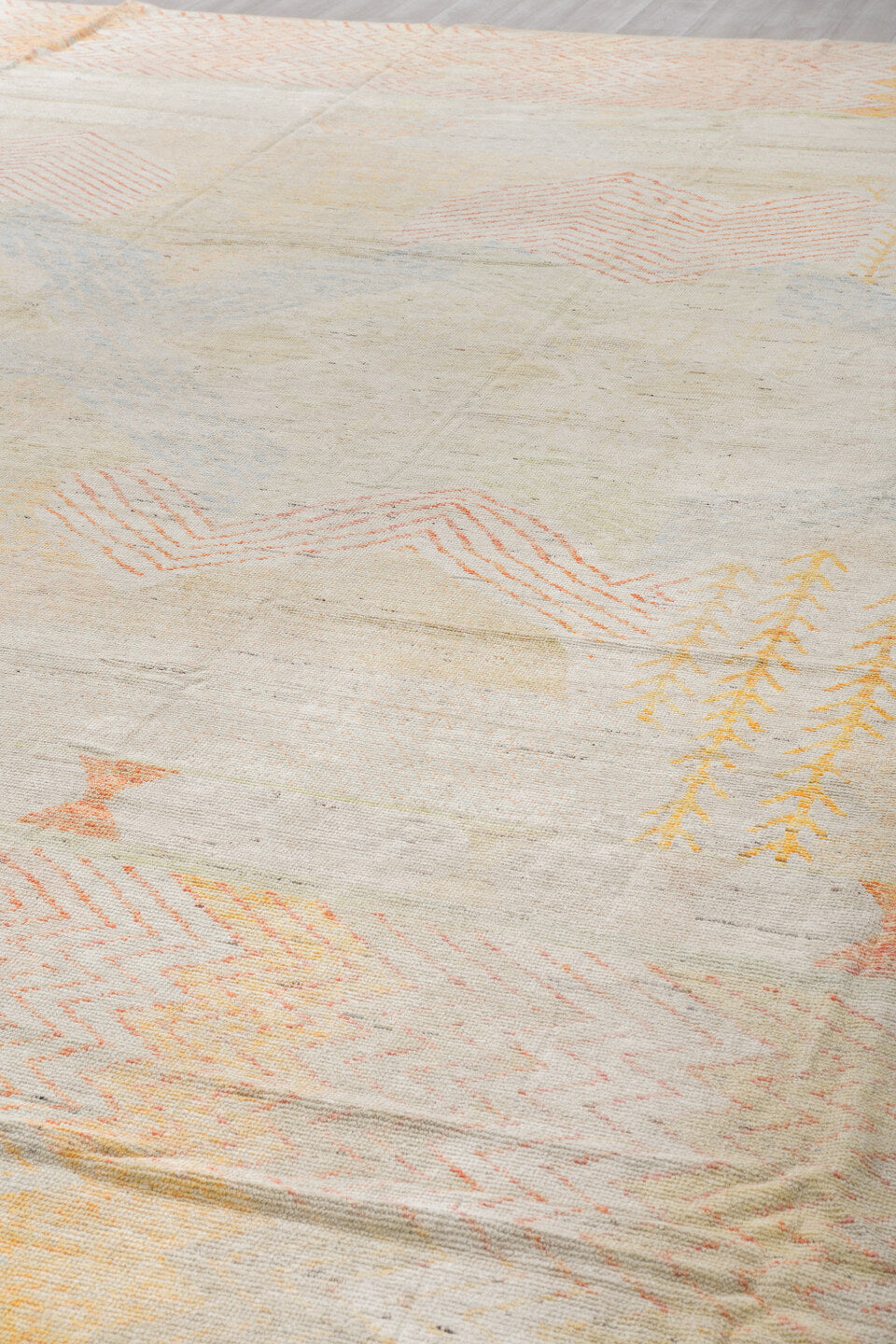 13' x 16' one-of-a-kind handmade vintage Tulu oversize rug. Color palette: ivory, blush, saffron, powder_blue, pale_gold