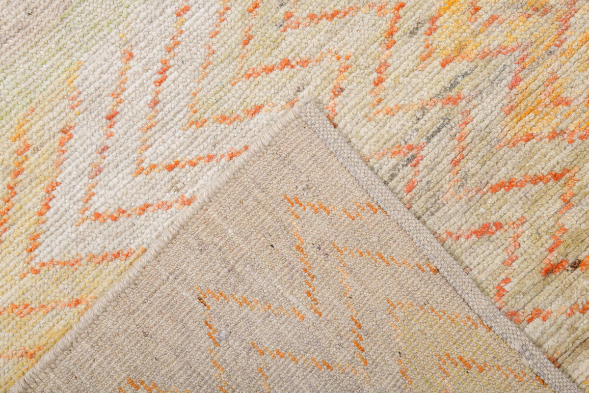 13' x 16' one-of-a-kind handmade vintage Tulu oversize rug. Color palette: ivory, blush, saffron, powder_blue, pale_gold