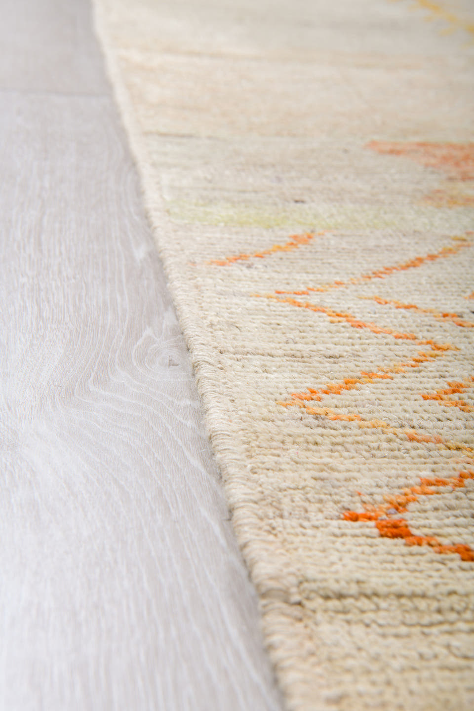13' x 16' one-of-a-kind handmade vintage Tulu oversize rug. Color palette: ivory, blush, saffron, powder_blue, pale_gold