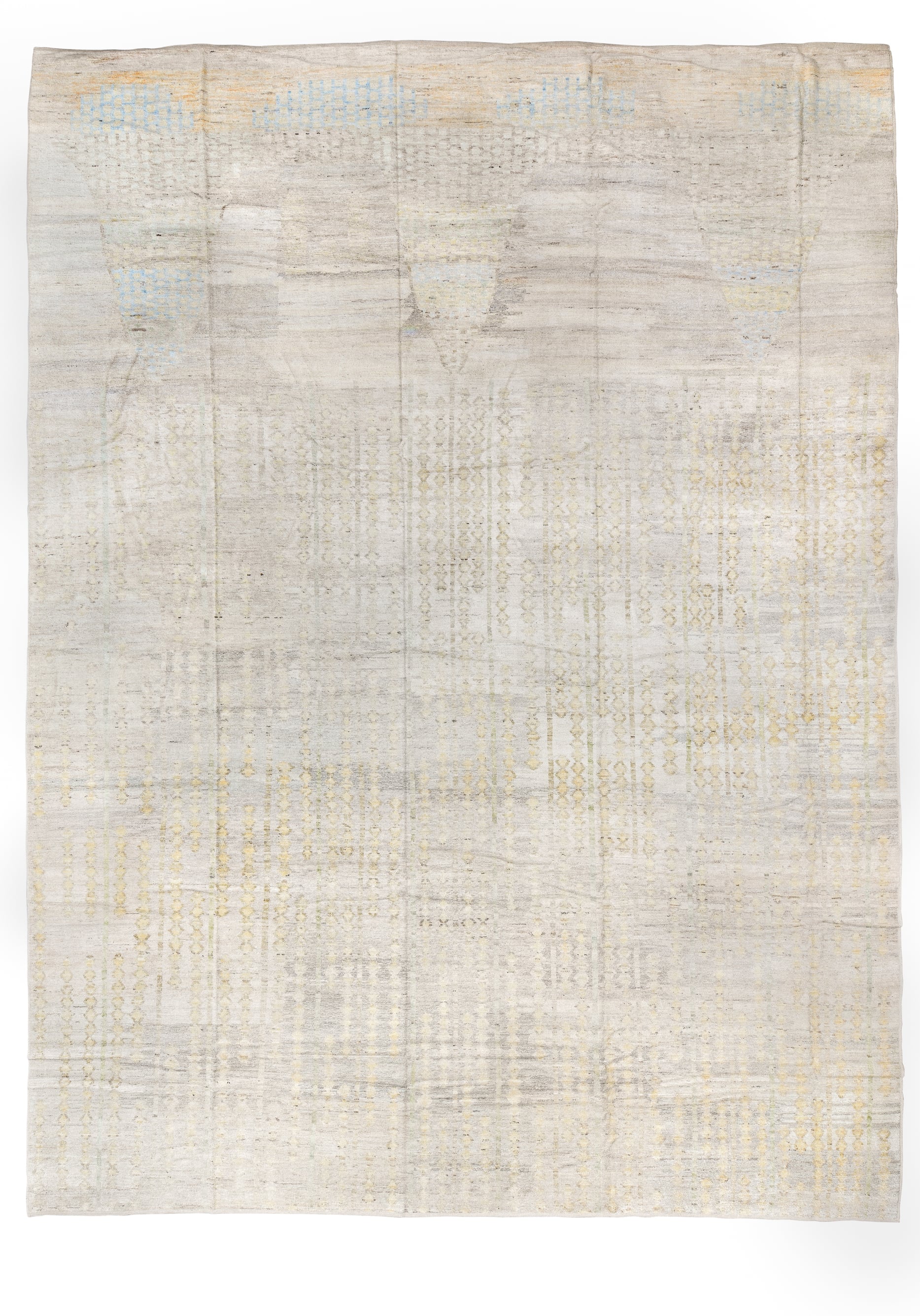 14' x 19' one-of-a-kind handmade vintage Tulu oversize rug. Color palette: ivory, cream, pale blue, soft gold, taupe, beige