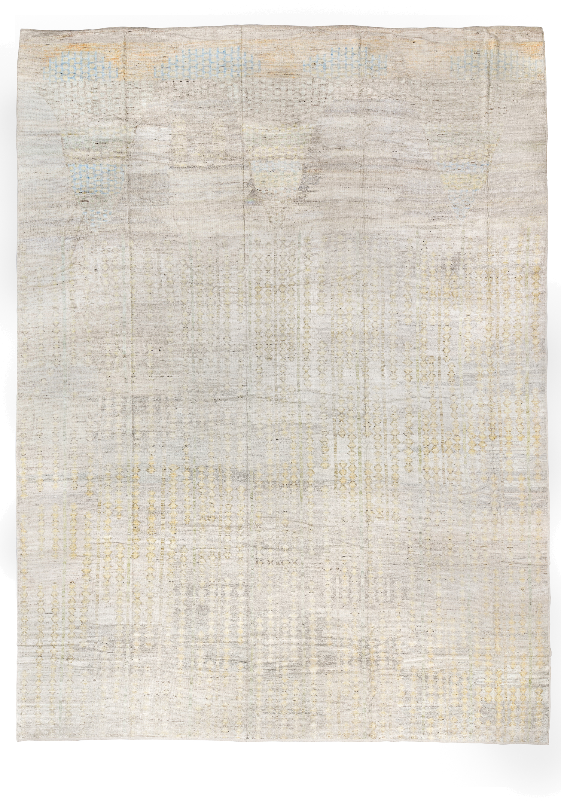 14' x 19' one-of-a-kind handmade vintage Tulu oversize rug. Color palette: ivory, cream, pale blue, soft gold, taupe, beige