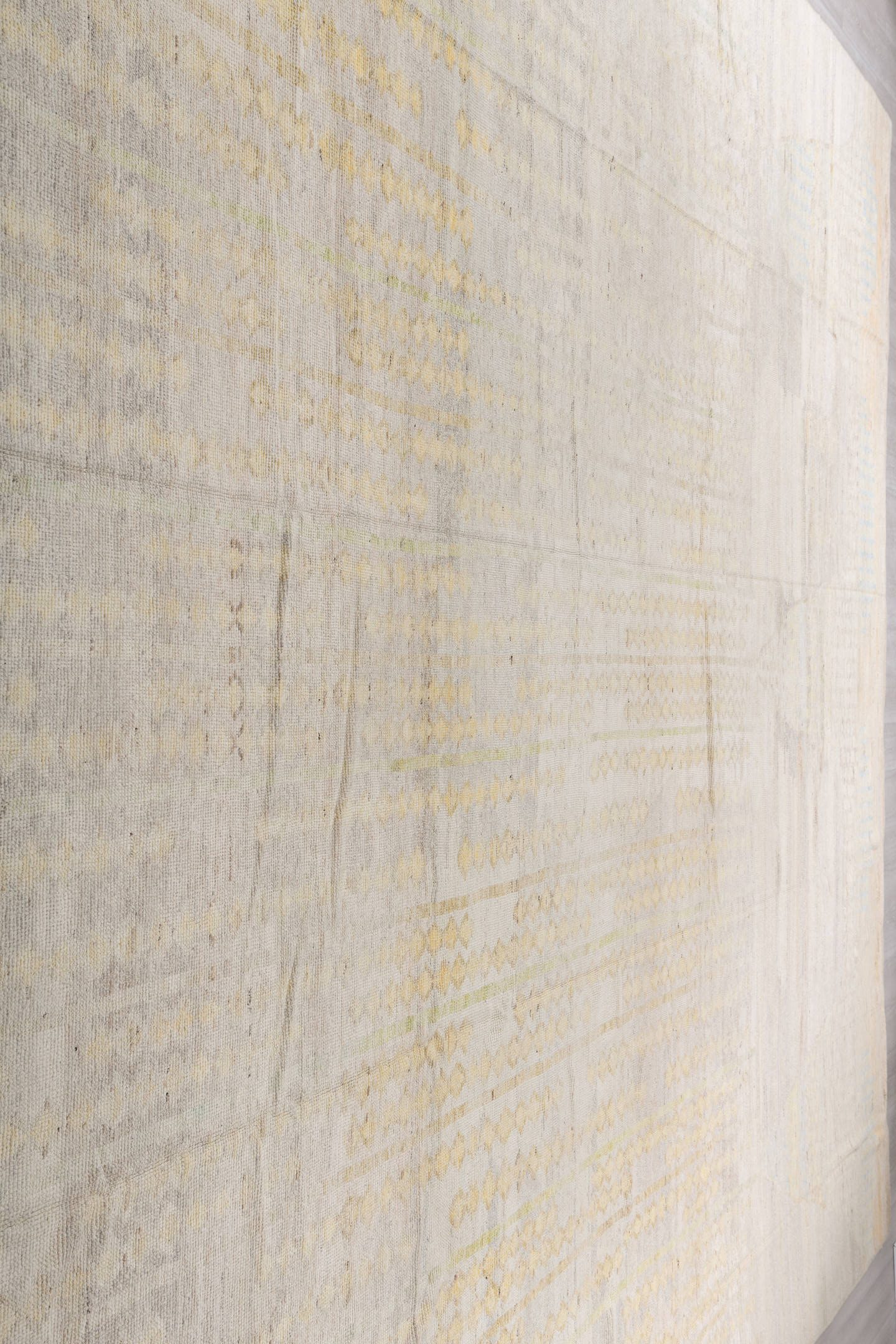 14' x 19' one-of-a-kind handmade vintage Tulu oversize rug. Color palette: ivory, cream, pale blue, soft gold, taupe, beige