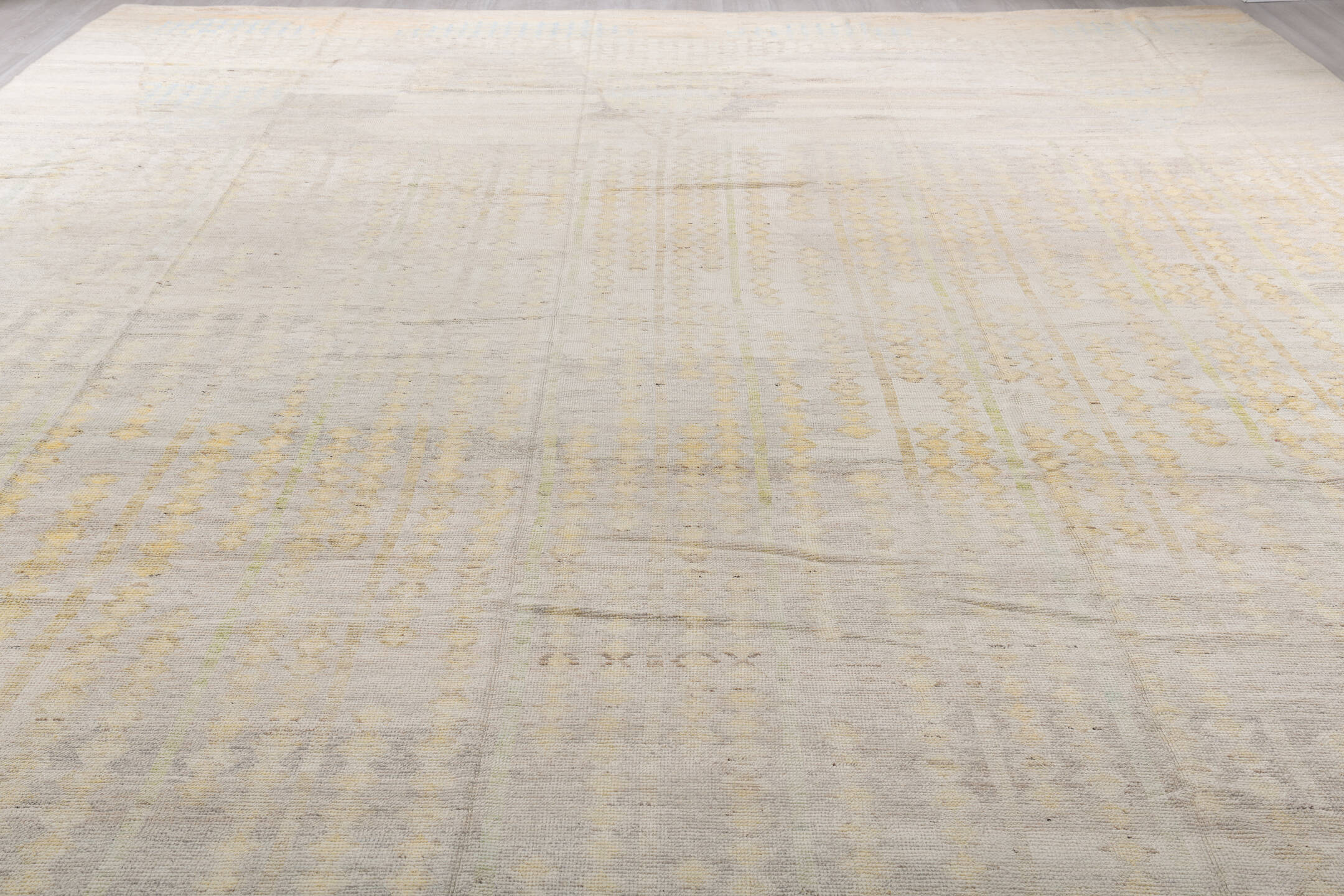 14' x 19' one-of-a-kind handmade vintage Tulu oversize rug. Color palette: brown, gainsboro, gray, light gray, off-white