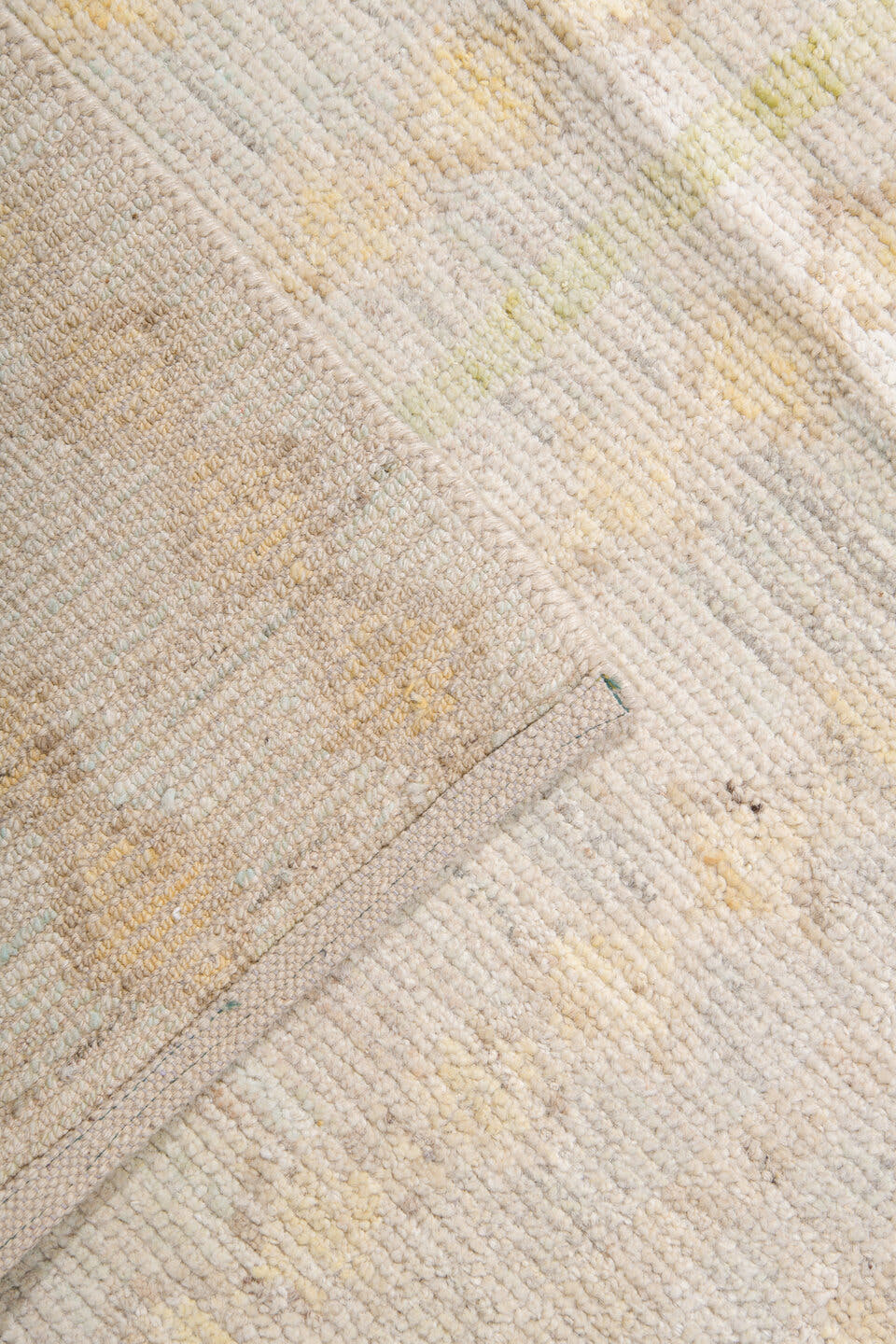 14' x 19' one-of-a-kind handmade vintage Tulu oversize rug. Color palette: ivory, cream, pale blue, soft gold, taupe, beige