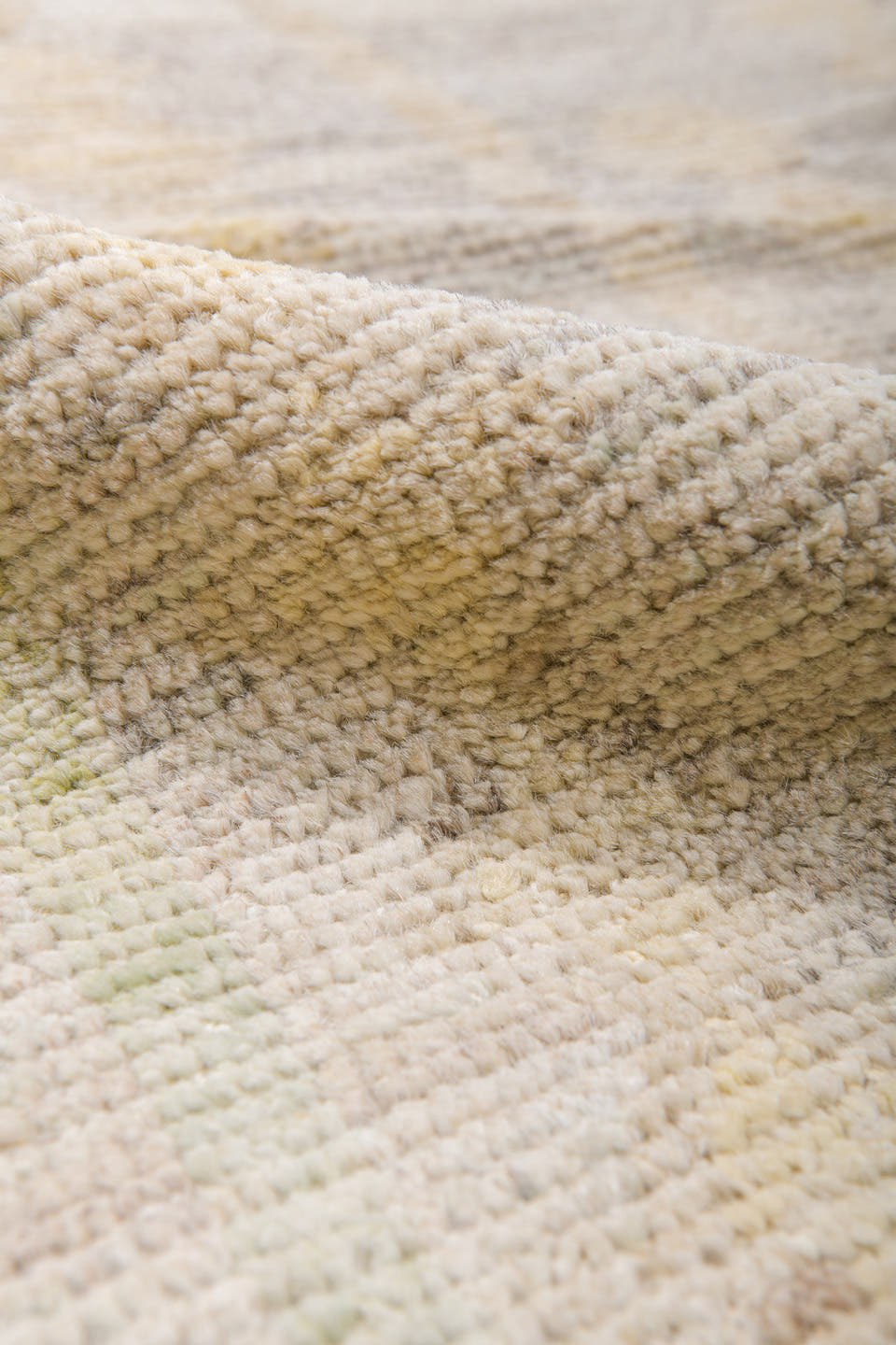 14' x 19' one-of-a-kind handmade vintage Tulu oversize rug. Color palette: ivory, cream, pale blue, soft gold, taupe, beige