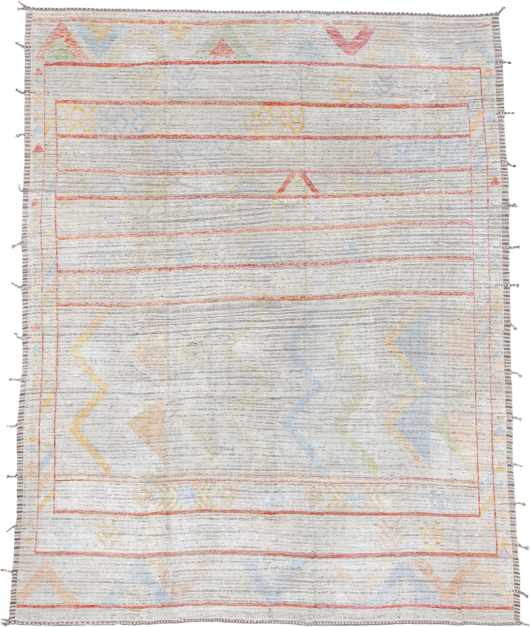 12' x 15' one-of-a-kind handmade vintage Tulu oversize rug. Color palette: ivory, coral, pale blue, butter yellow, sage
