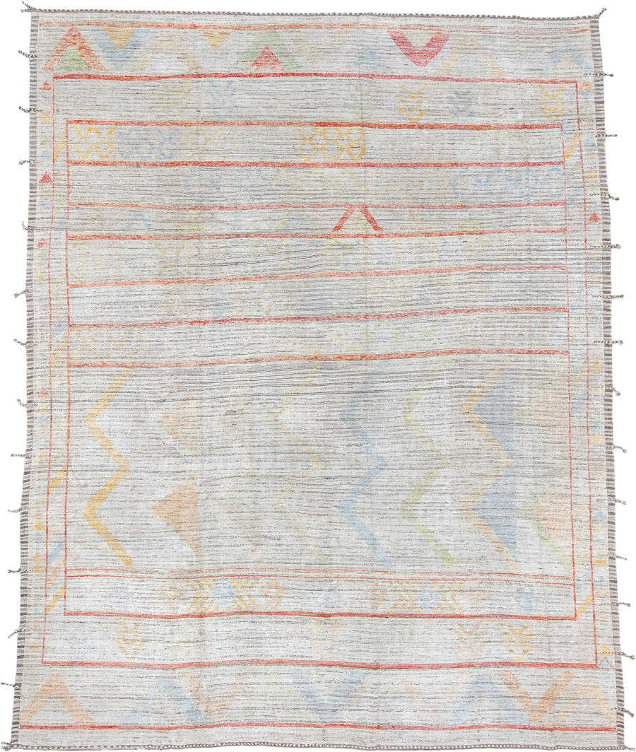 12' x 15' one-of-a-kind handmade vintage Tulu oversize rug. Color palette: ivory, coral, pale blue, butter yellow, sage