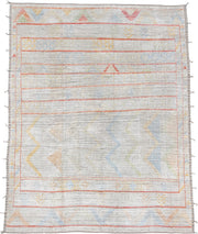 12' x 15' one-of-a-kind handmade vintage Tulu oversize rug. Color palette: ivory, coral, pale blue, butter yellow, sage