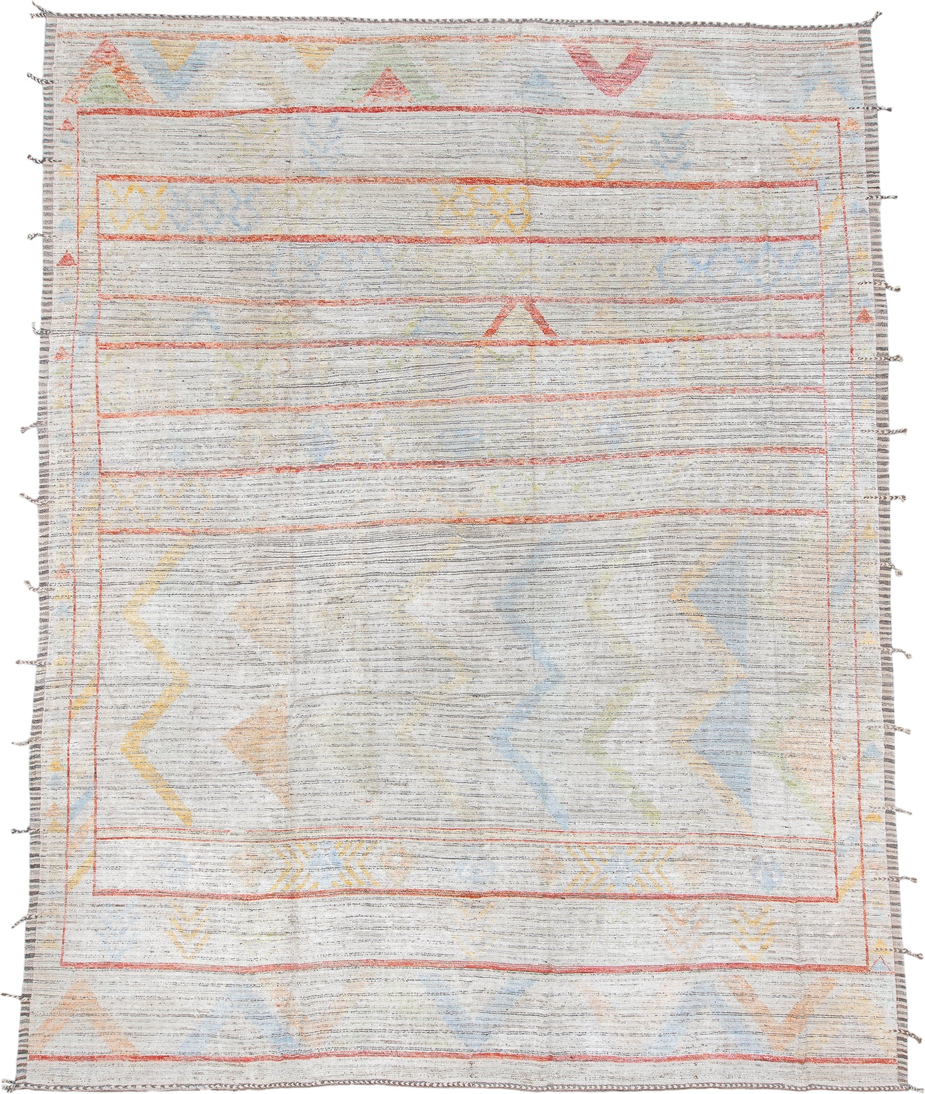 12' x 15' one-of-a-kind handmade vintage Tulu oversize rug. Color palette: ivory, coral, pale blue, butter yellow, sage