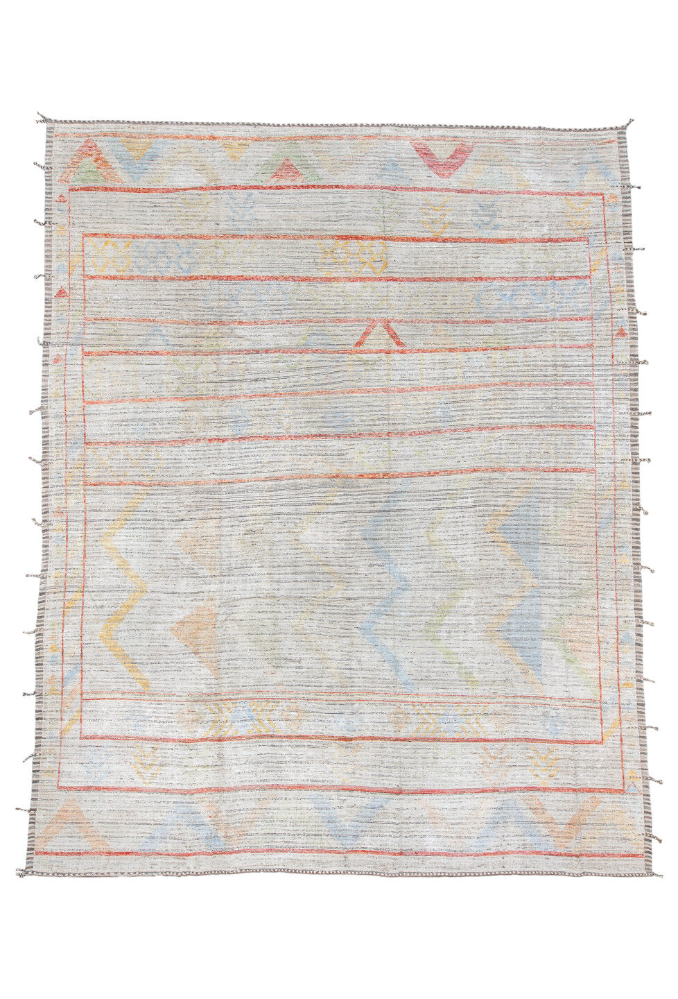 12' x 15' one-of-a-kind handmade vintage Tulu oversize rug. Color palette: brown, dark gray, gainsboro, gray, light blue