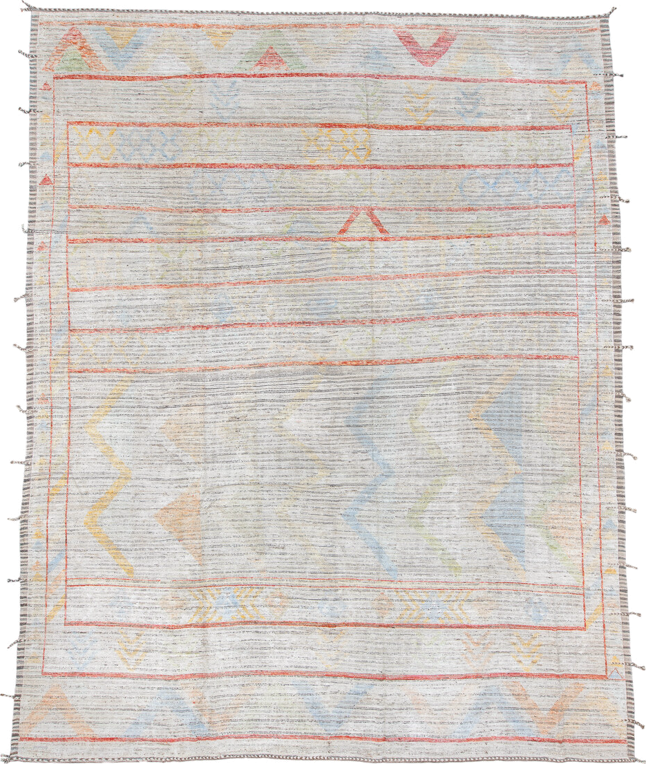 12' x 15' one-of-a-kind handmade vintage Tulu oversize rug. Color palette: ivory, coral, pale blue, butter yellow, sage