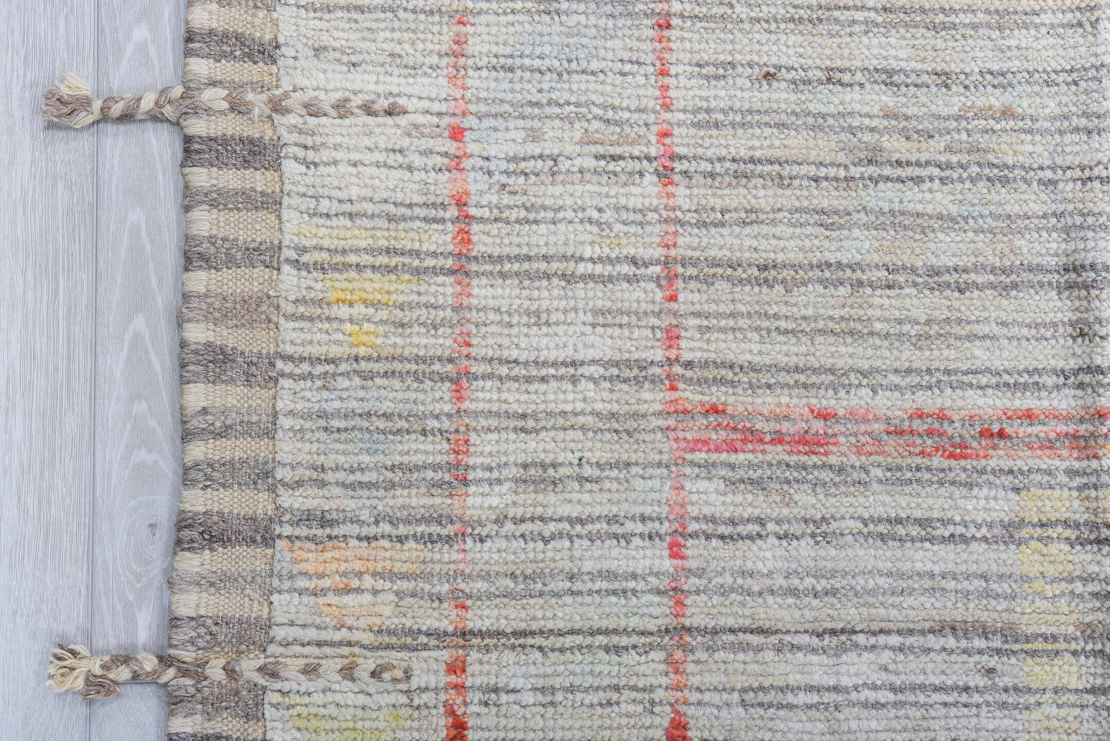 12' x 15' one-of-a-kind handmade vintage Tulu oversize rug. Color palette: ivory, coral, pale blue, butter yellow, sage
