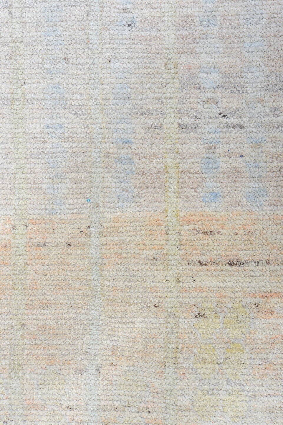 13' x 16' one-of-a-kind handmade vintage Tulu oversize rug. Color palette: ivory, pale blue, cream, peach, taupe, light gray