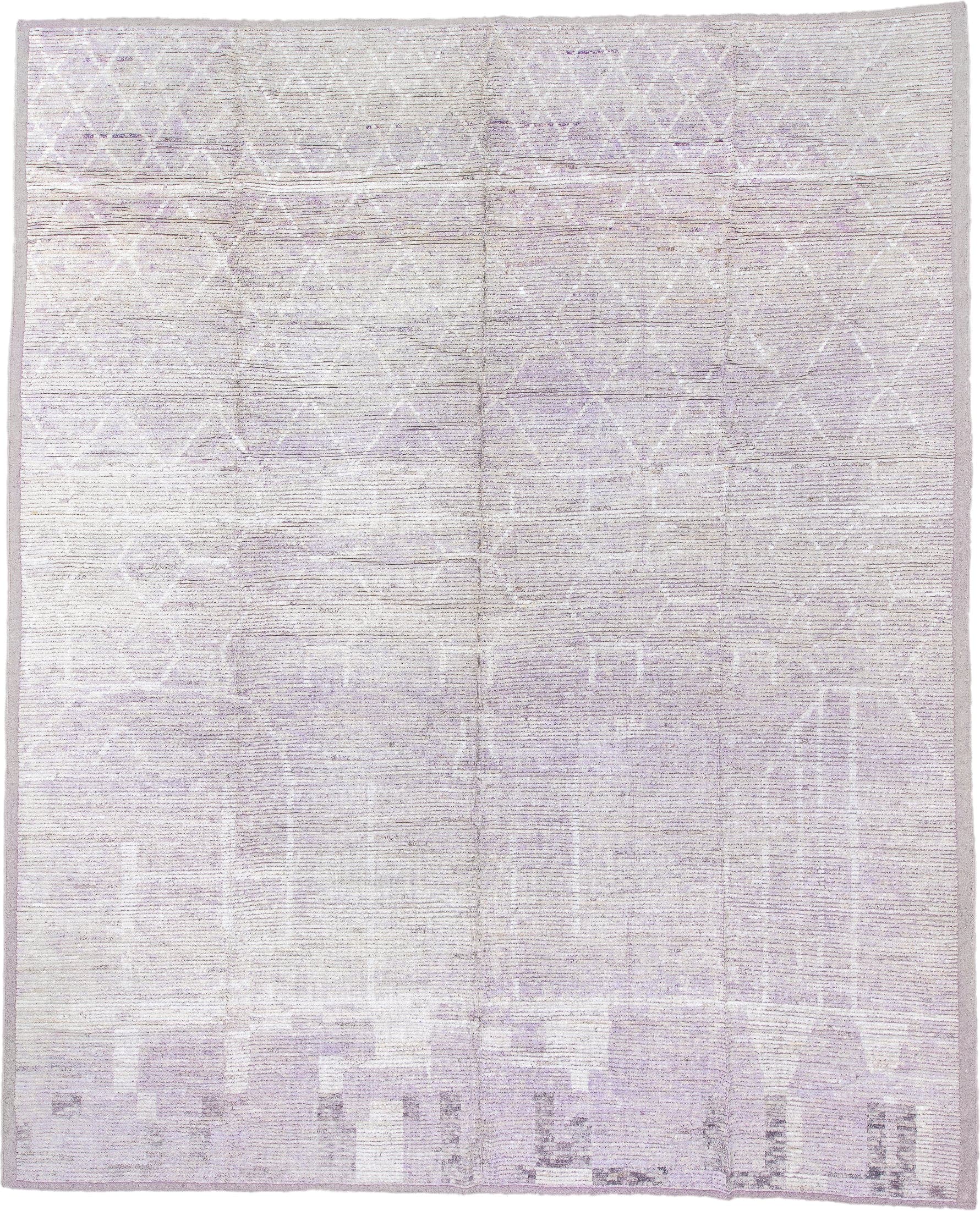13' x 16' one-of-a-kind handmade vintage Tulu oversize rug. Color palette: ivory, pale lavender, taupe, cream, purple, pink
