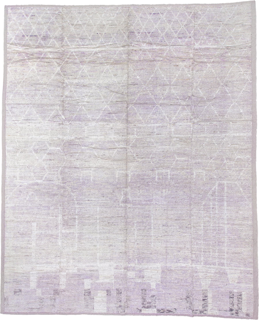 13' x 16' one-of-a-kind handmade vintage Tulu oversize rug. Color palette: ivory, pale lavender, taupe, cream, purple, pink