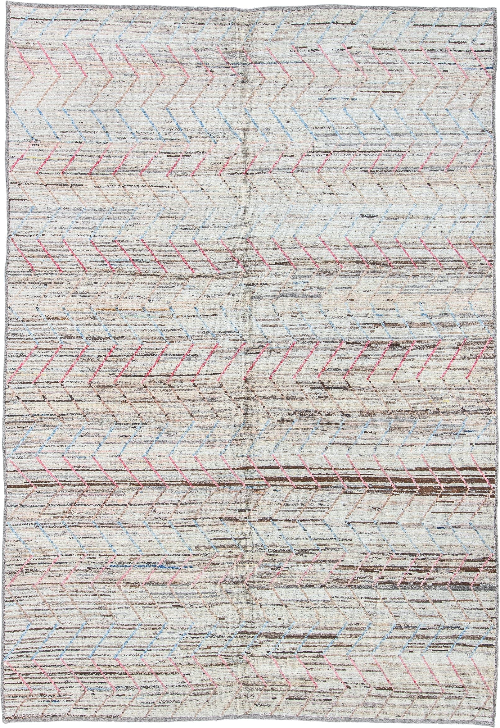 6' x 9' one-of-a-kind handmade vintage Tulu medium size rug. Color palette: ivory, taupe, brown, pink, pale_blue, gray