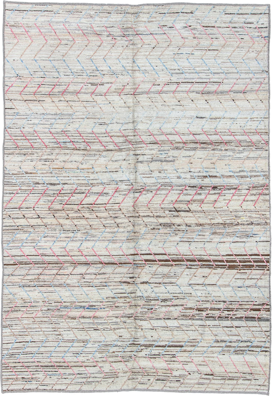 6' x 9' one-of-a-kind handmade vintage Tulu medium size rug. Color palette: ivory, taupe, brown, pink, pale_blue, gray