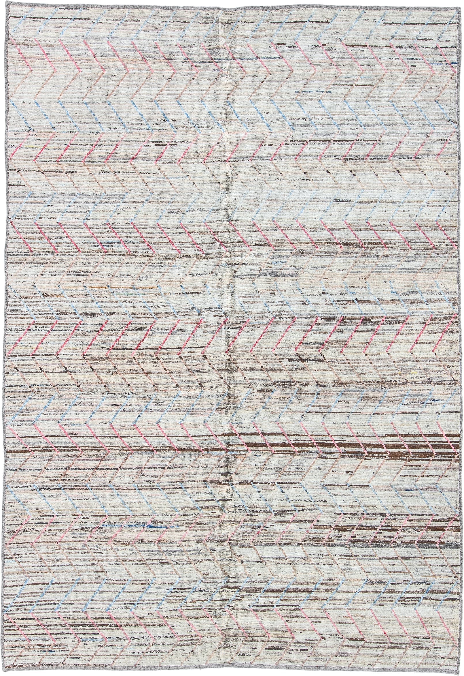 6' x 9' one-of-a-kind handmade vintage Tulu medium size rug. Color palette: ivory, taupe, brown, pink, pale_blue, gray