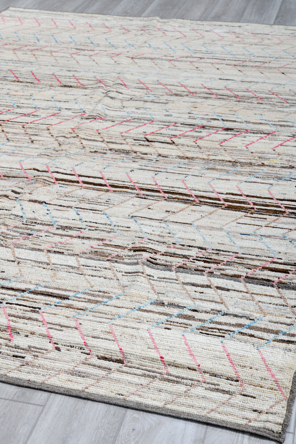 6' x 9' one-of-a-kind handmade vintage Tulu medium size rug. Color palette: ivory, taupe, brown, pink, pale_blue, gray