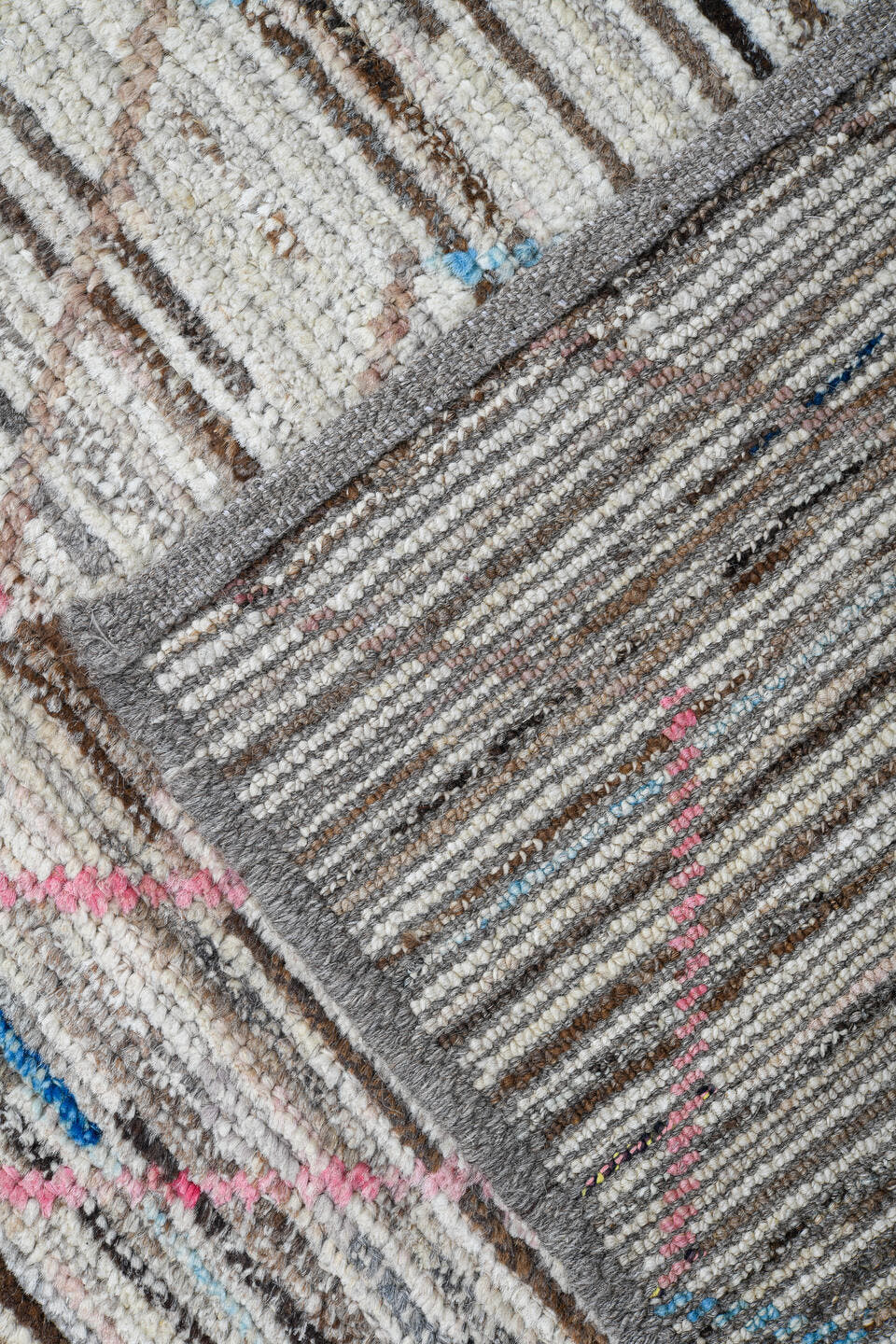 6' x 9' one-of-a-kind handmade vintage Tulu medium size rug. Color palette: ivory, taupe, brown, pink, pale_blue, gray