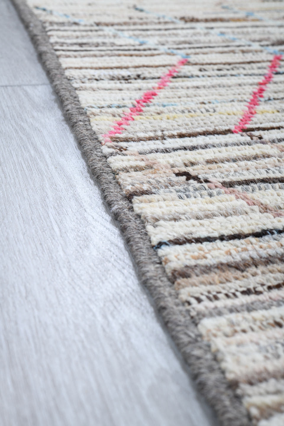 6' x 9' one-of-a-kind handmade vintage Tulu medium size rug. Color palette: ivory, taupe, brown, pink, pale_blue, gray